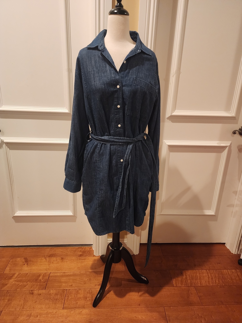 Button-Front Denim Shirt Dress with Waist Tie - Blue